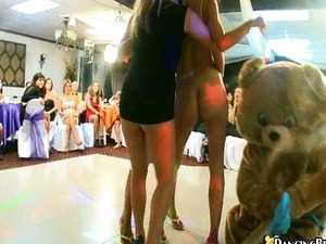 Babes get naked then dance on bear