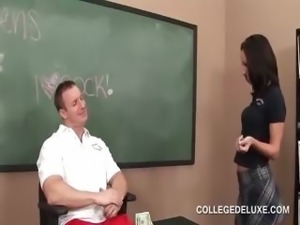 College brunette bitch seduces her sexy teacher