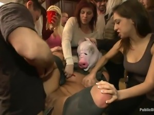 slut gets her pussy rammed by many men in public