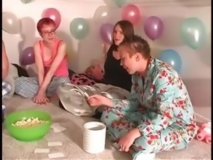 Pijama sex party with teens playing truth or dare