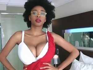 horny ebony showing off her huge saggy tits