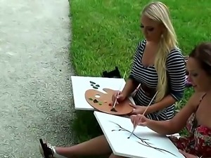 Hayden Winters and Molly Cavalli look on each others pussies while painting...