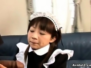 Asian teen maid sucking on cock of her master
