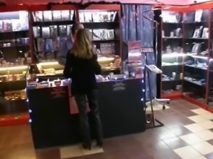 Old salesman fuck young gf in porn shop