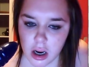 Chubby brunette girl sucking big dildo in amateur webcam video