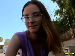teen in glasses gets cum in her mouth after cute blowjob