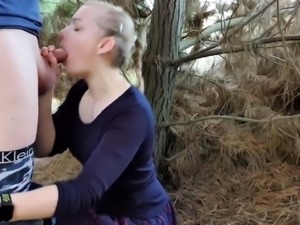 Striking blonde teen gets pounded doggystyle in the woods