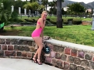 Sexy slender blonde milf flashing her juicy cunt in public