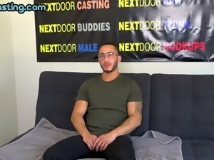 Handsome hairy stud jerks off his hard cock at his first casting