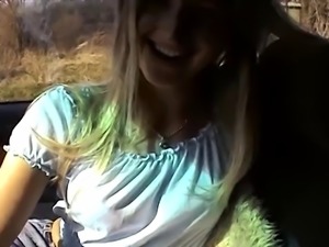 German blonde beauty loves to suck her mans cock while he is driving