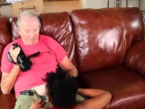Lucky grandpa getting his cock sucked by slutty black milf