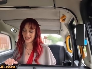 Redhead taxi fucked in the car outdoors by a taxi driver
