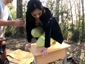 Japanese slut falling into hardcore threesome outdoors